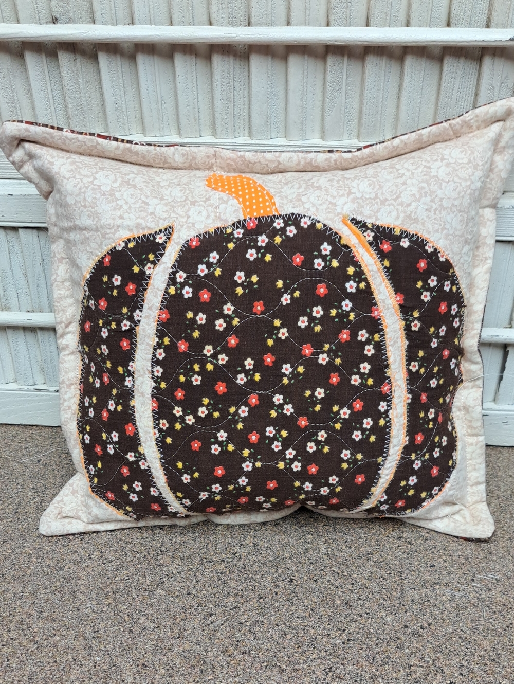 Handmade Pumpkin Appliqué Decorative Pillow - Brown & Cream Fall Accent